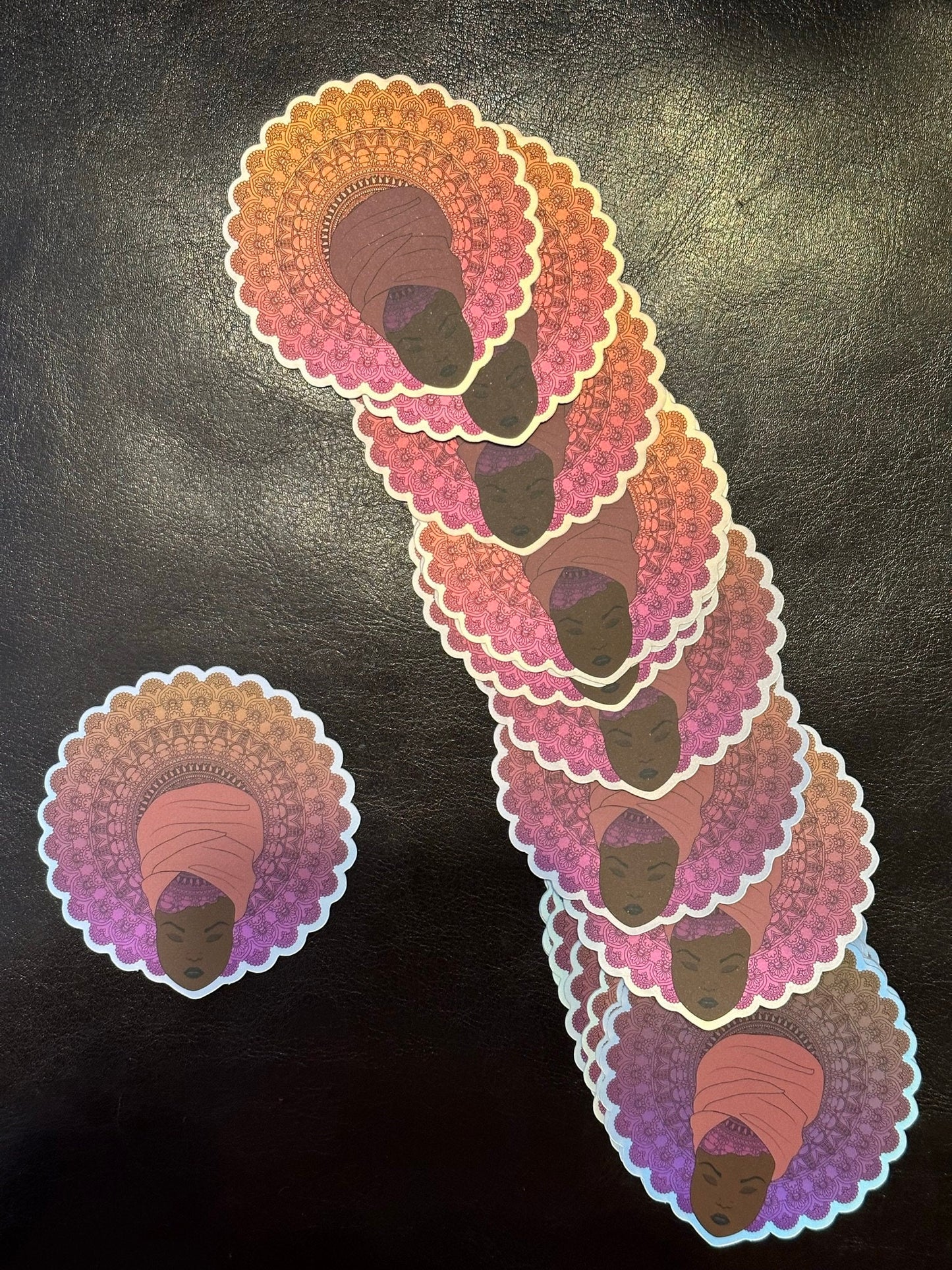 Holographic Stickers with Mandala Hairstyle and Matte Finish - Pretty Woman with Head Scarf - Ankara Headwear - Big Hair don't care - ethnic