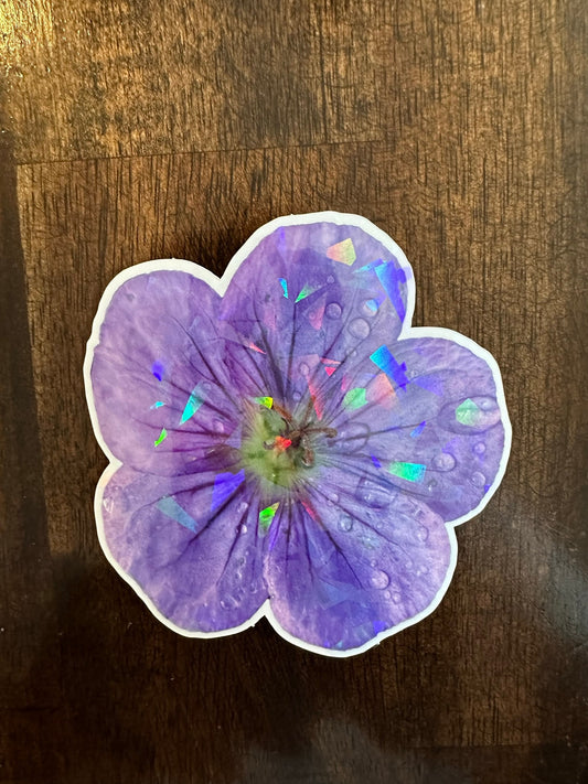 Purple Flower Vinyl Sticker with Added Cracked Ice Effect - Cracked Rainbow pattern shows up when viewed at different angles