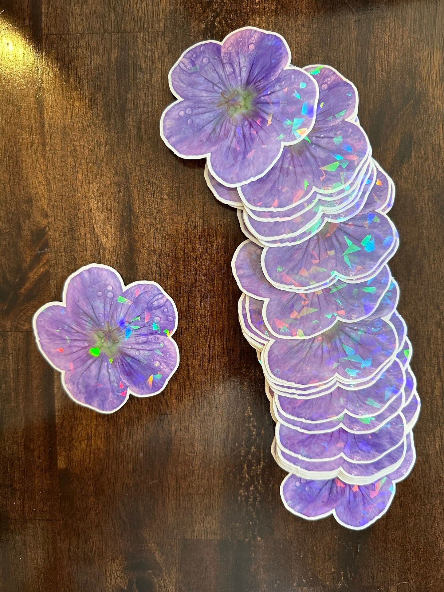 Purple Flower Vinyl Sticker with Added Cracked Ice Effect - Cracked Rainbow pattern shows up when viewed at different angles