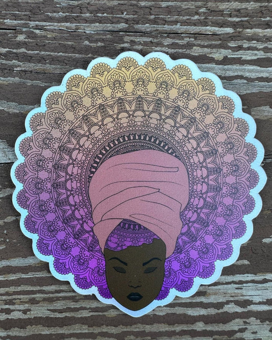 Holographic Stickers with Mandala Hairstyle and Matte Finish - Pretty Woman with Head Scarf - Ankara Headwear - Big Hair don't care - ethnic