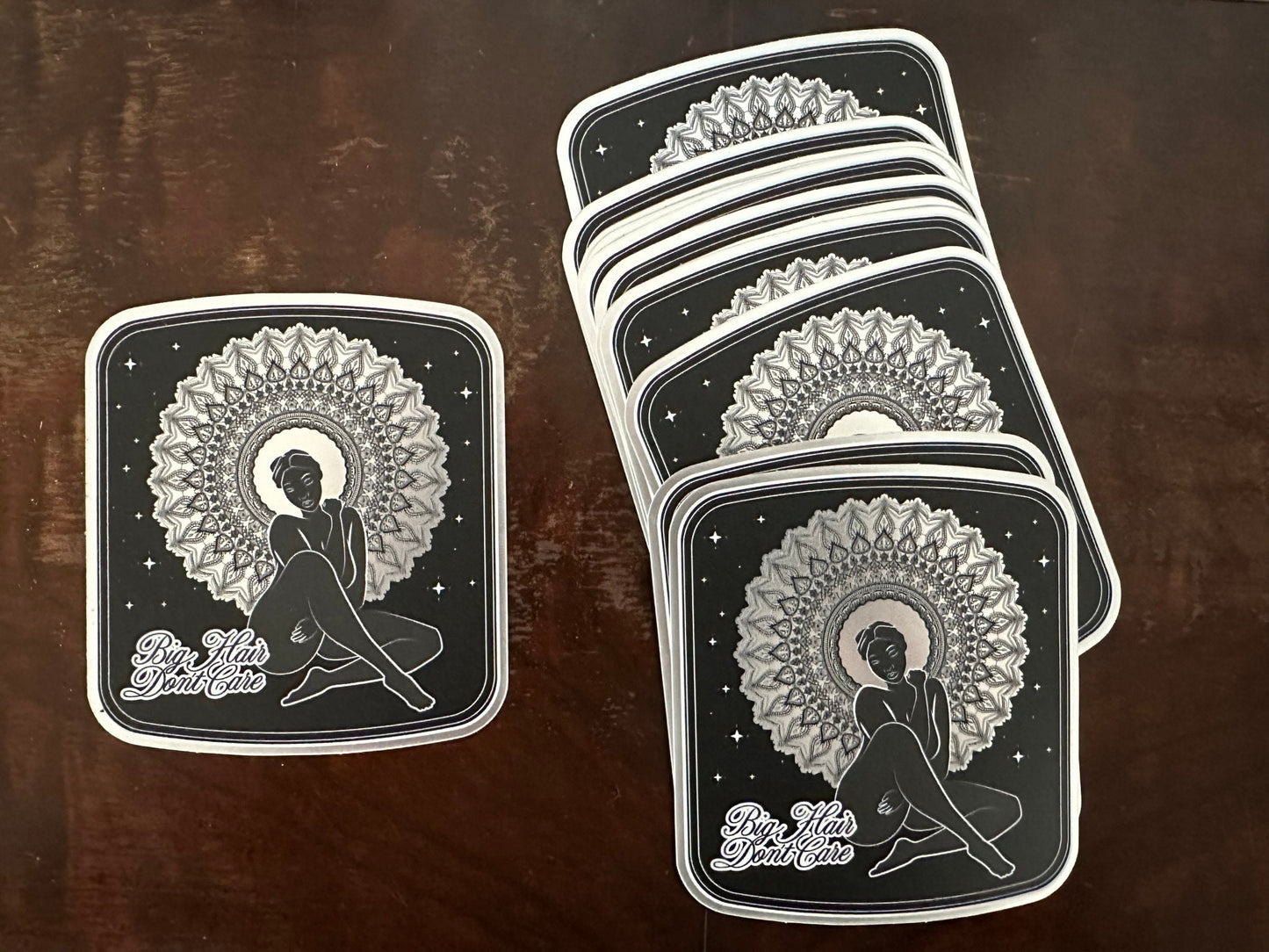 Black Woman Sticker - Mirrored Stickers with Mandala Hairstyle - Pretty Woman Posing with "Big Hair Don't Care"  The Best Decoration For Her