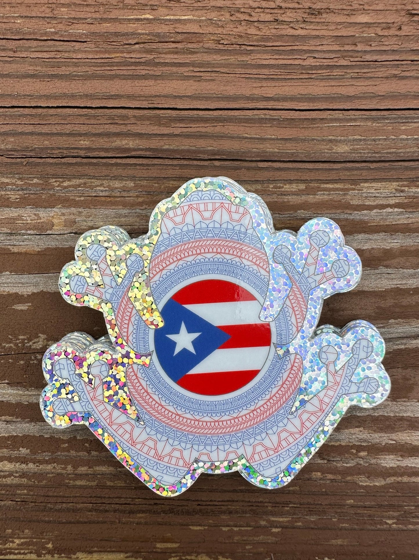Coqui Frog Sticker - Glitter pattern Boricua Red and Blue Taino Tribal symbols for Puerto Rico with PR flag in the center - amazing crafts.
