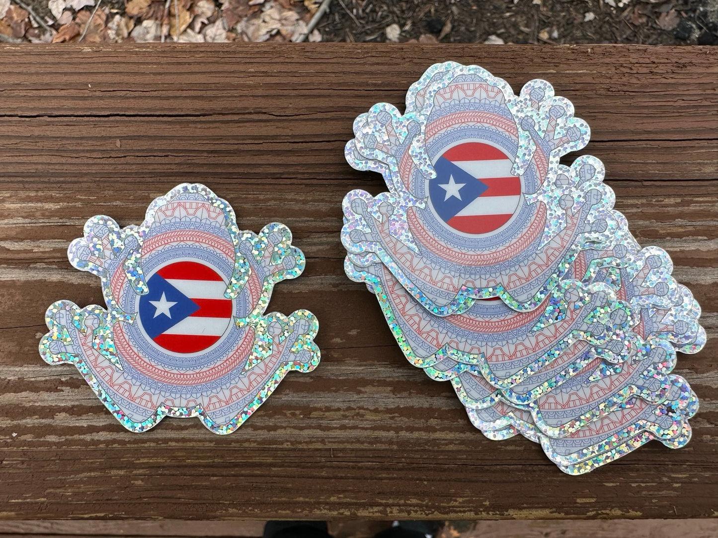 Coqui Frog Sticker - Glitter pattern Boricua Red and Blue Taino Tribal symbols for Puerto Rico with PR flag in the center - amazing crafts.