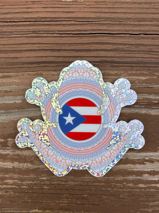 Coqui Frog Sticker - Glitter pattern Boricua Red and Blue Taino Tribal symbols for Puerto Rico with PR flag in the center - amazing crafts.