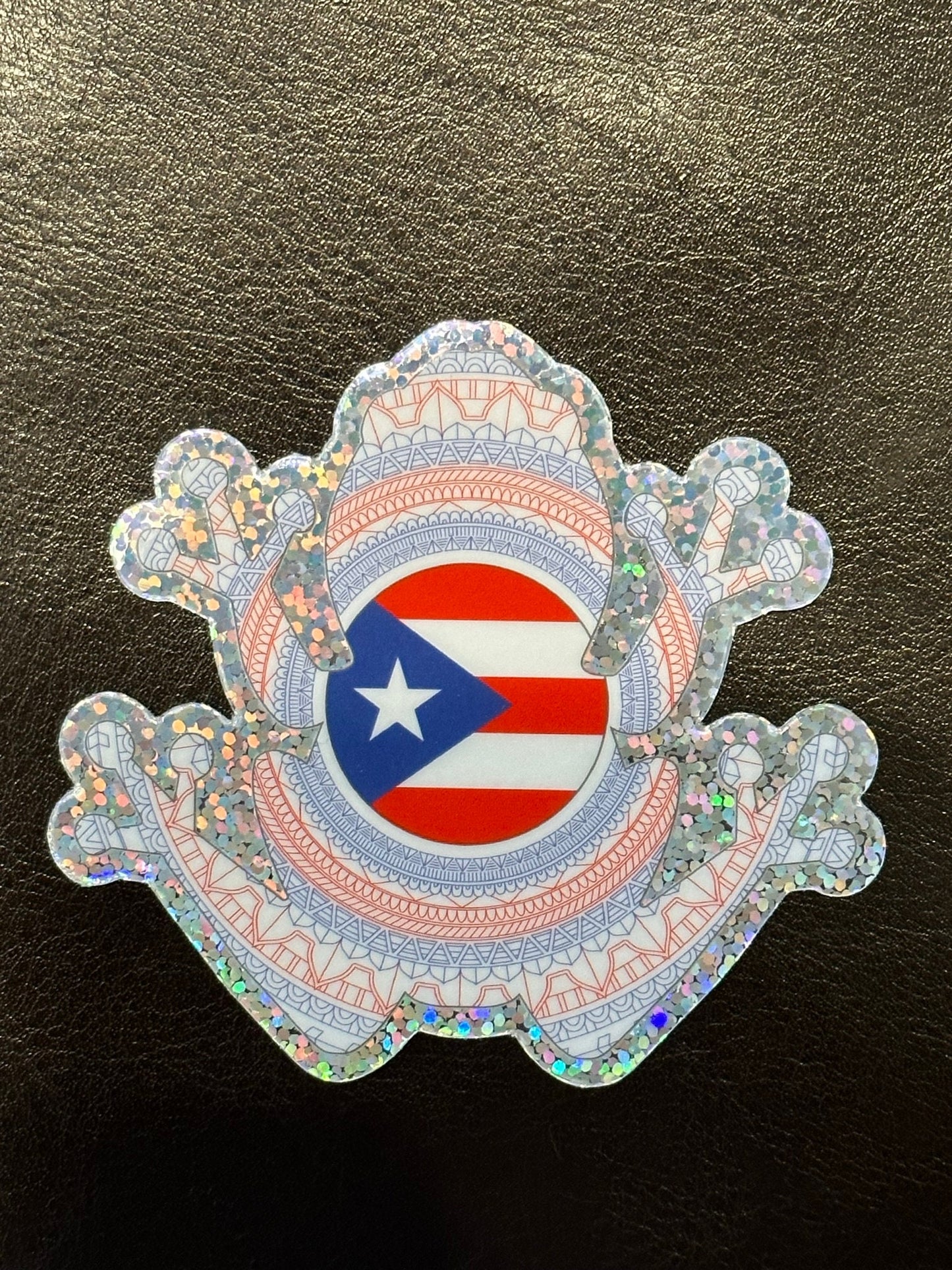 Coqui Frog Sticker - Glitter pattern Boricua Red and Blue Taino Tribal symbols for Puerto Rico with PR flag in the center - amazing crafts.