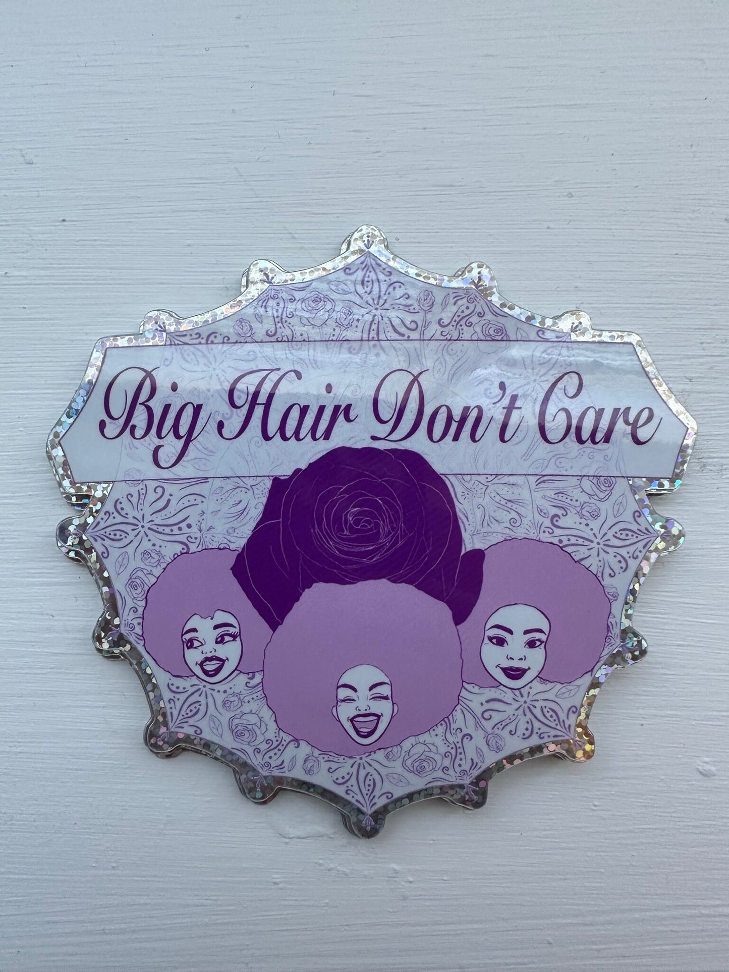 Glitter Stickers Featuring Ladies with Carefree attitude - Big Hair Don't Care - Rose lavender Mandala with floral illustrations
