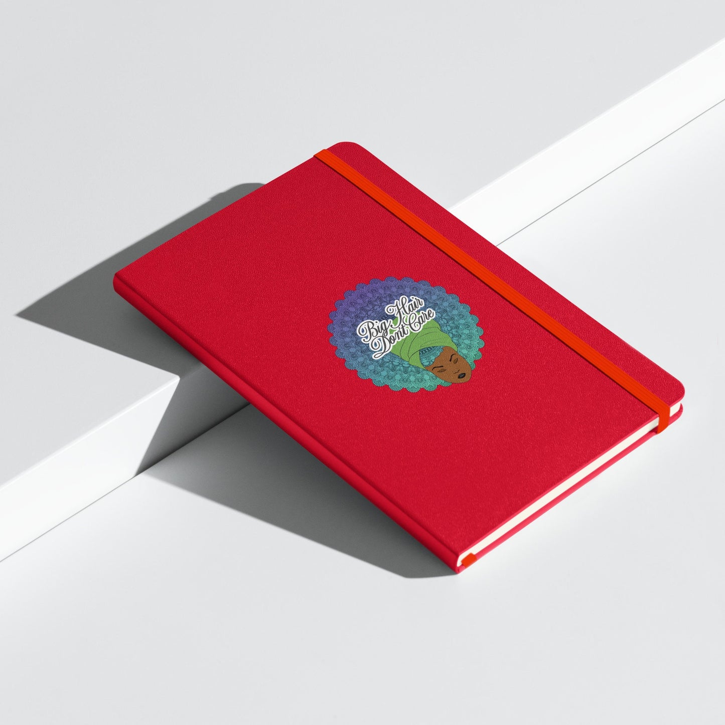 Hardcover bound notebook with Mandala Hair Artwork | Big Hair Don't Care | a beautiful woman depicted with a mandala in her hair