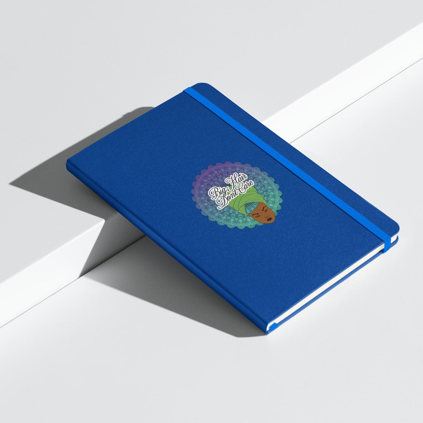 Hardcover bound notebook with Mandala Hair Artwork | Big Hair Don't Care | a beautiful woman depicted with a mandala in her hair
