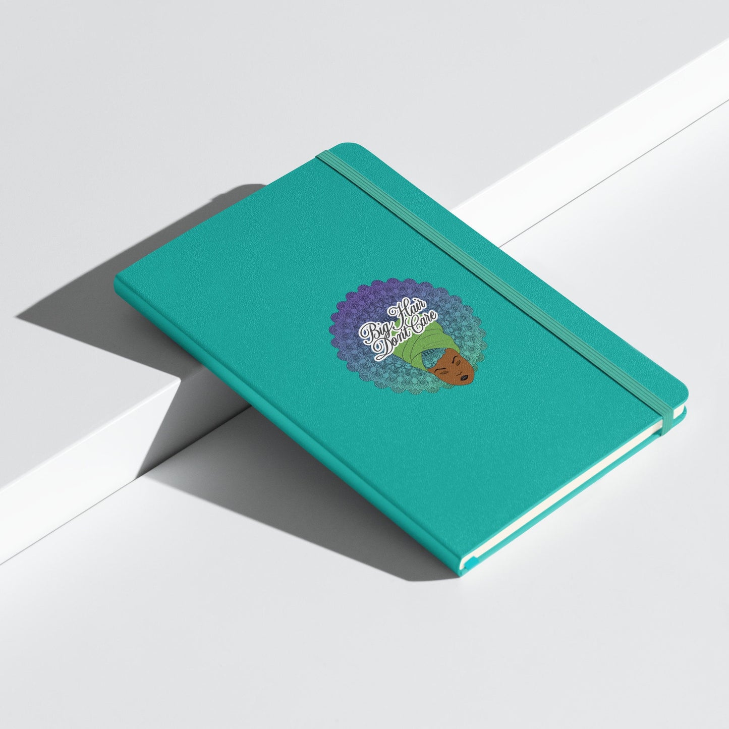 Hardcover bound notebook with Mandala Hair Artwork | Big Hair Don't Care | a beautiful woman depicted with a mandala in her hair