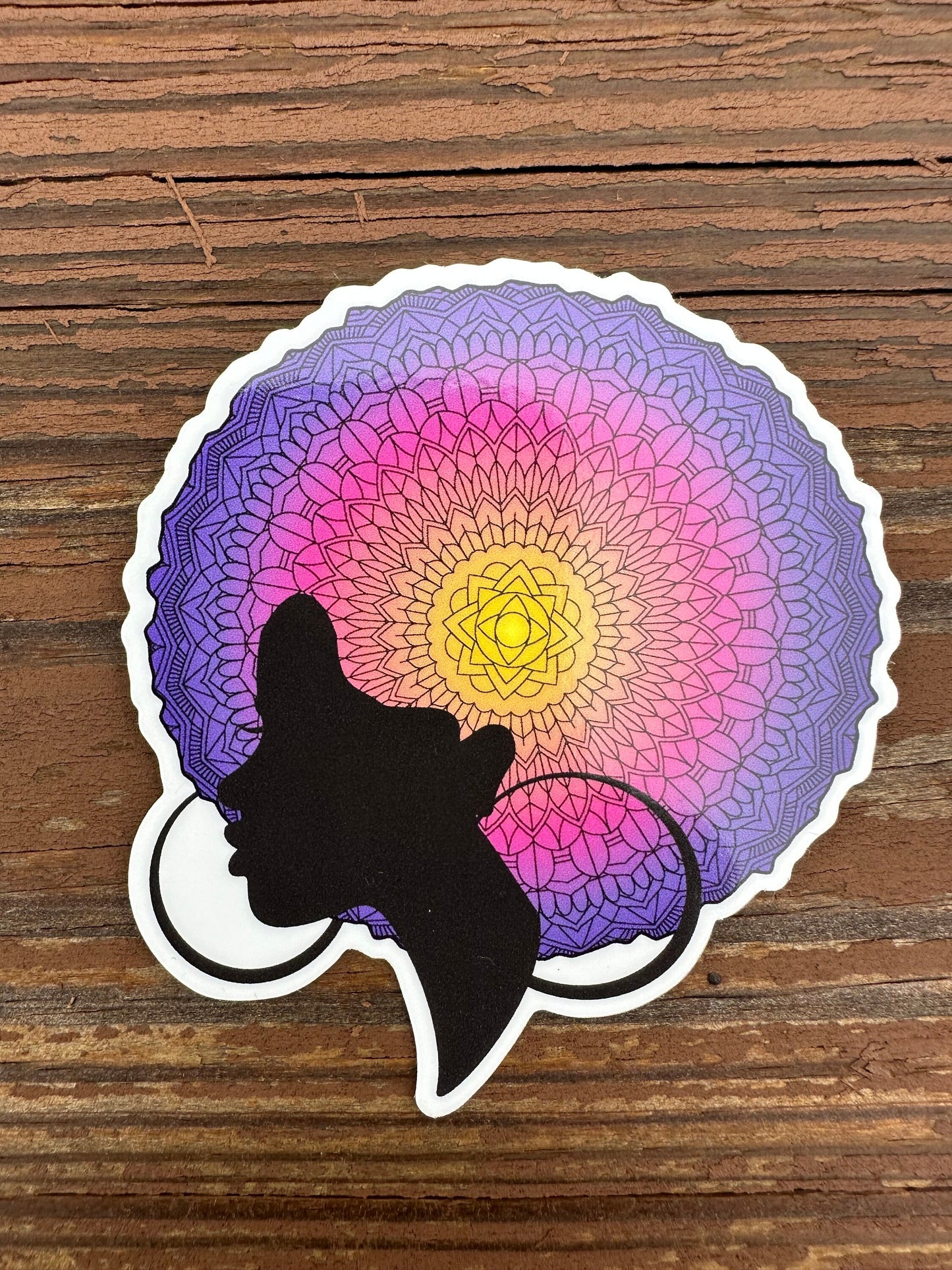 Vinyl Stickers with Mandala Hairstyle - Pretty Sophisticated Woman Silhouette with Hoop earrings - pink purple and orange lovely gradient