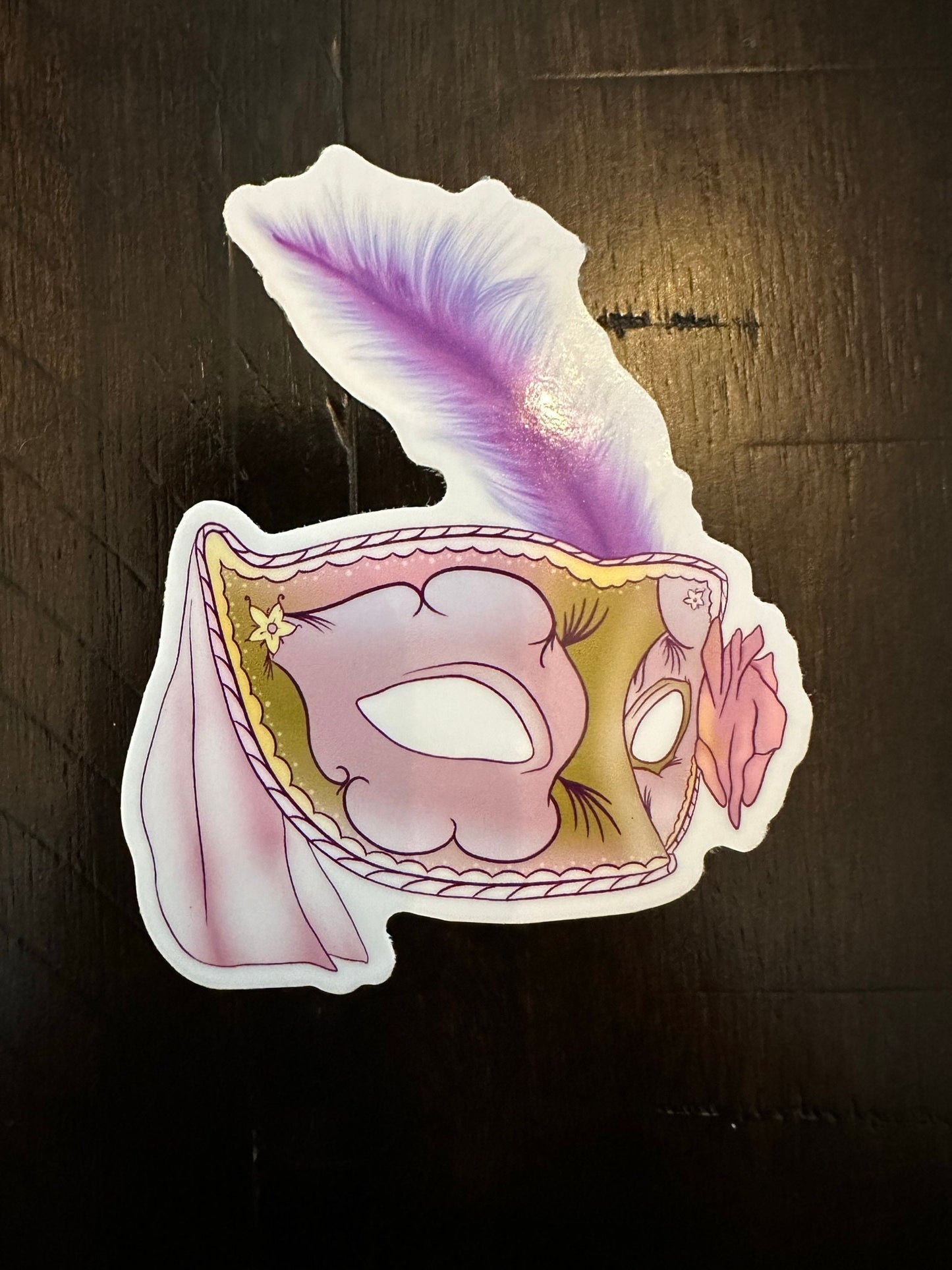 Vinyl Stickers of Masquerade Mask with a Rose and Feather