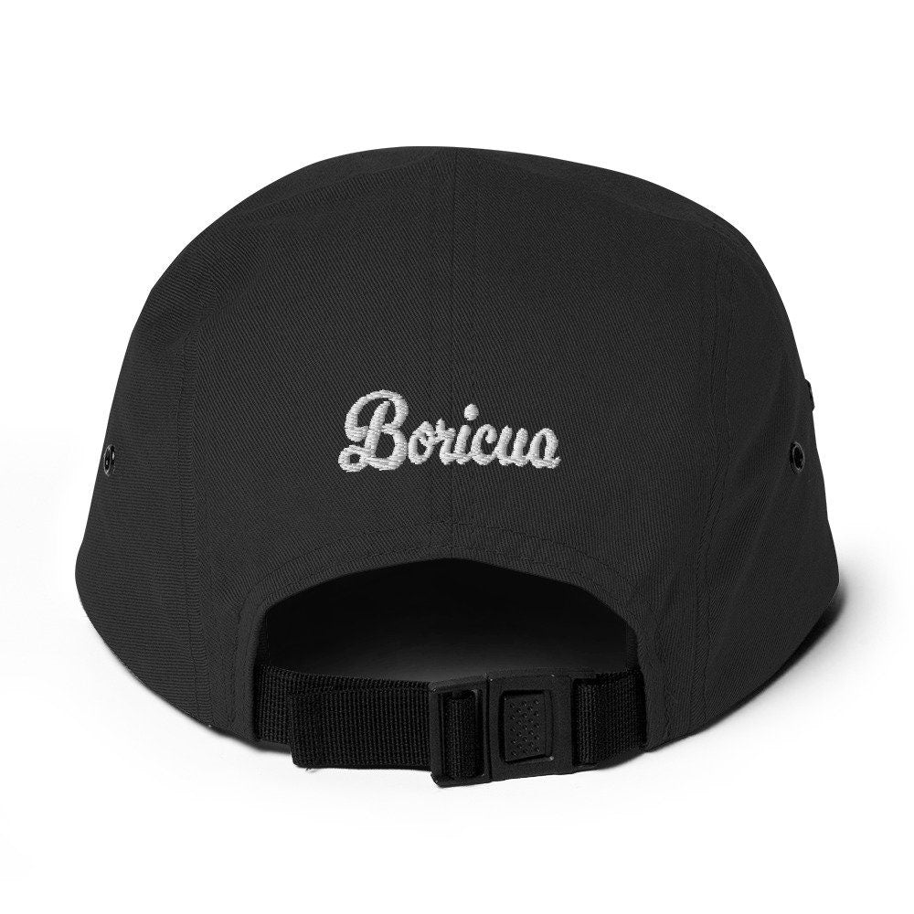 Five Panel Cap with Embroidered Puerto Rico Emblem showing the boricuas love - circular style icon shown with white text on the back