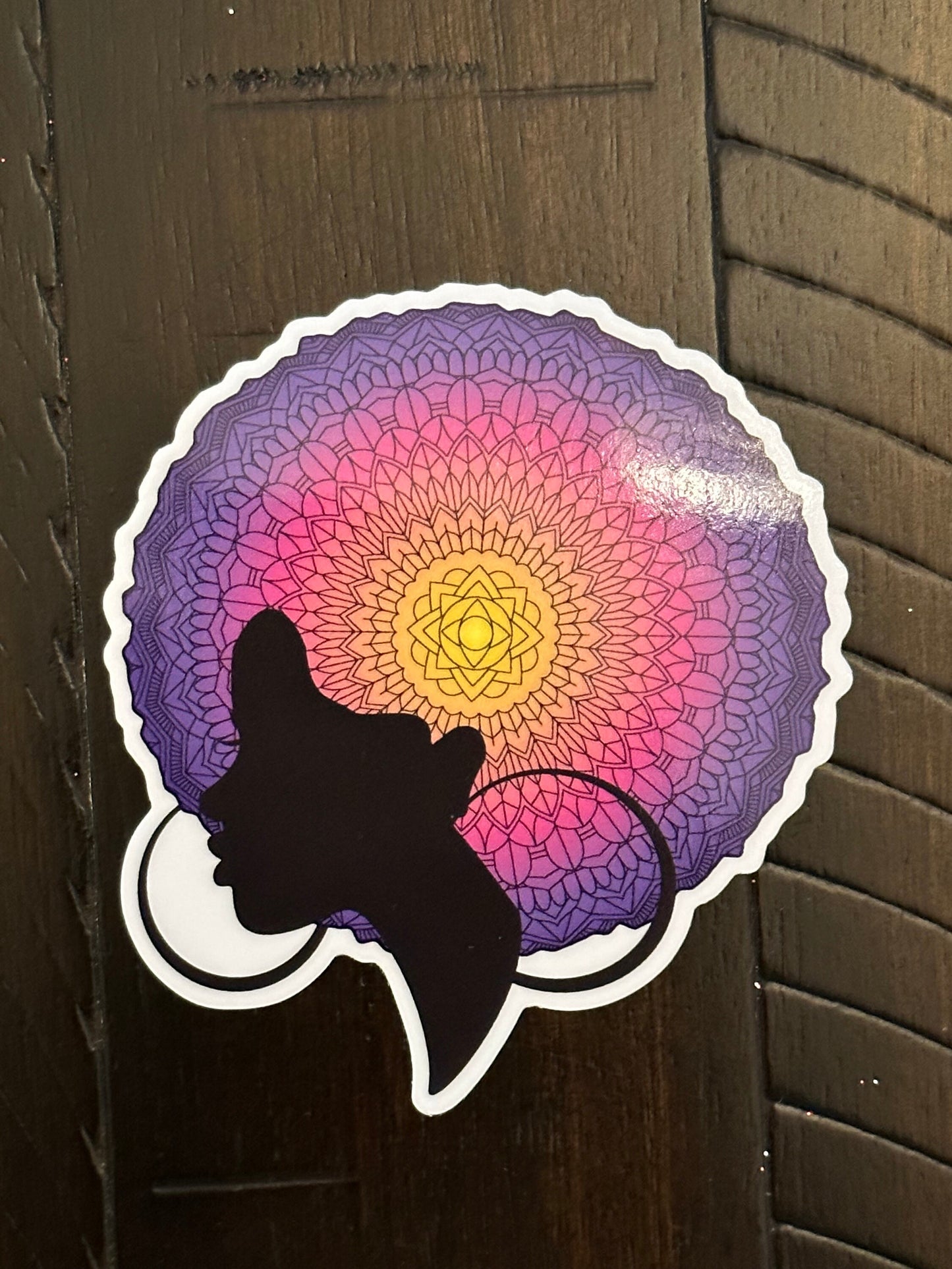 Vinyl Stickers with Mandala Hairstyle - Pretty Sophisticated Woman Silhouette with Hoop earrings - pink purple and orange lovely gradient