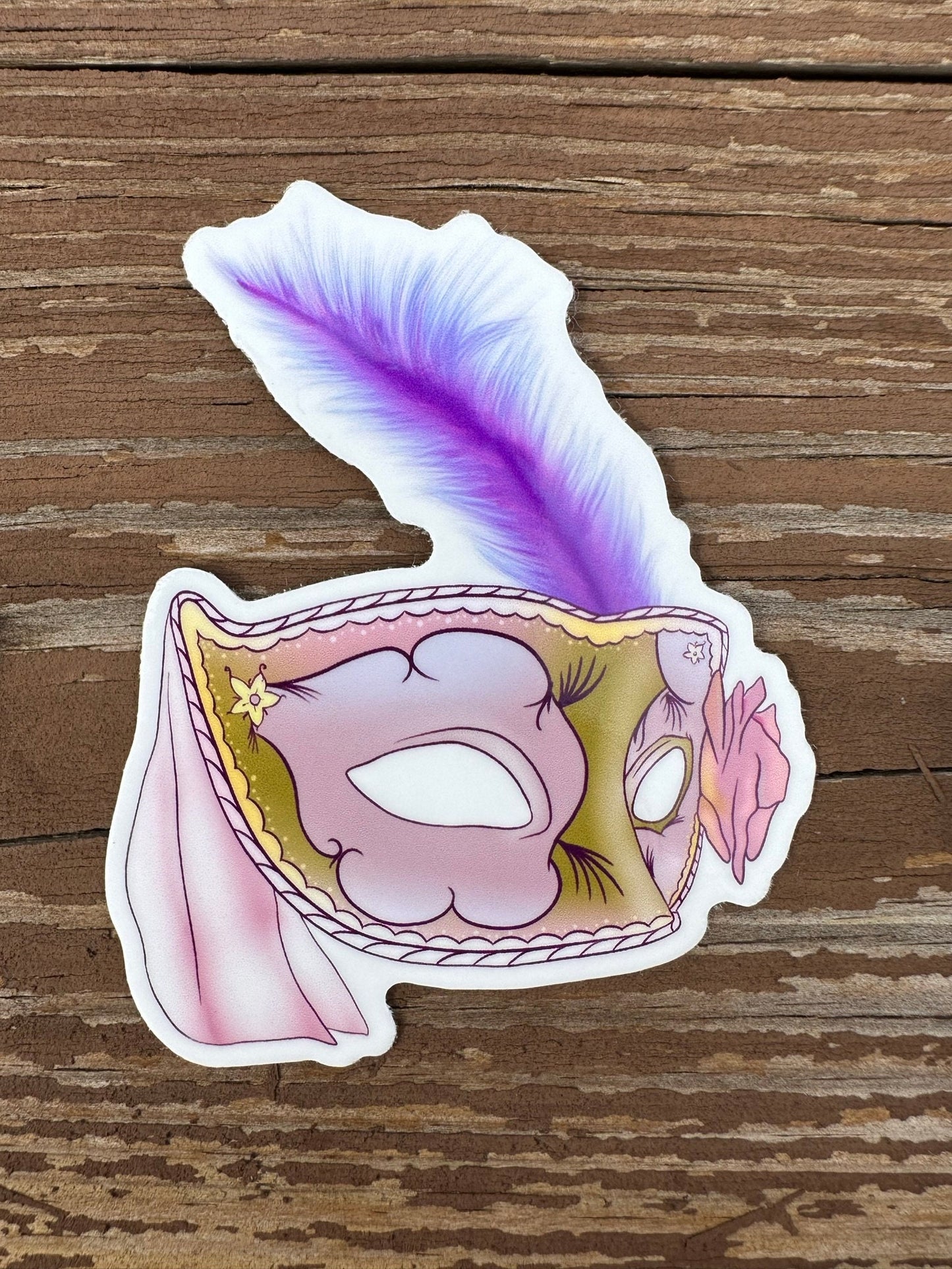 Vinyl Stickers of Masquerade Mask with a Rose and Feather