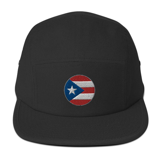 Five Panel Cap with Embroidered Puerto Rico Emblem showing the boricuas love - circular style icon shown with white text on the back