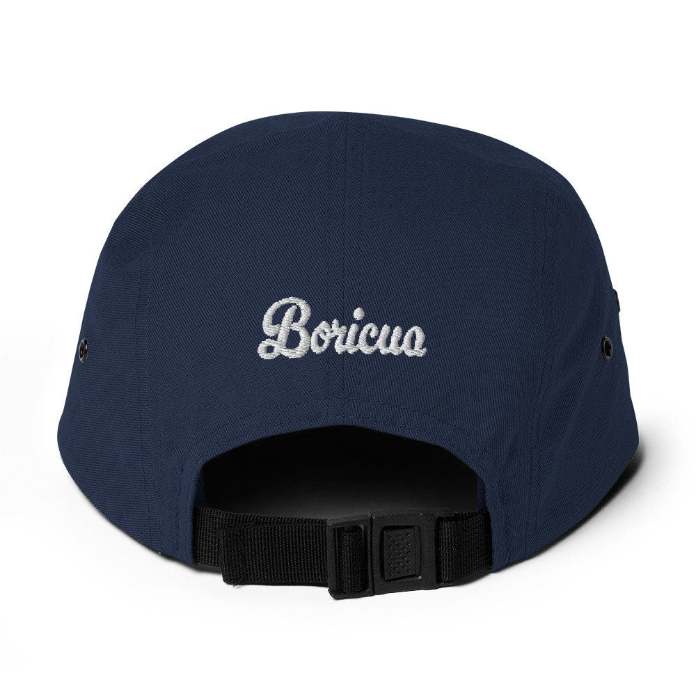 Five Panel Cap with Embroidered Puerto Rico Emblem showing the boricuas love - circular style icon shown with white text on the back