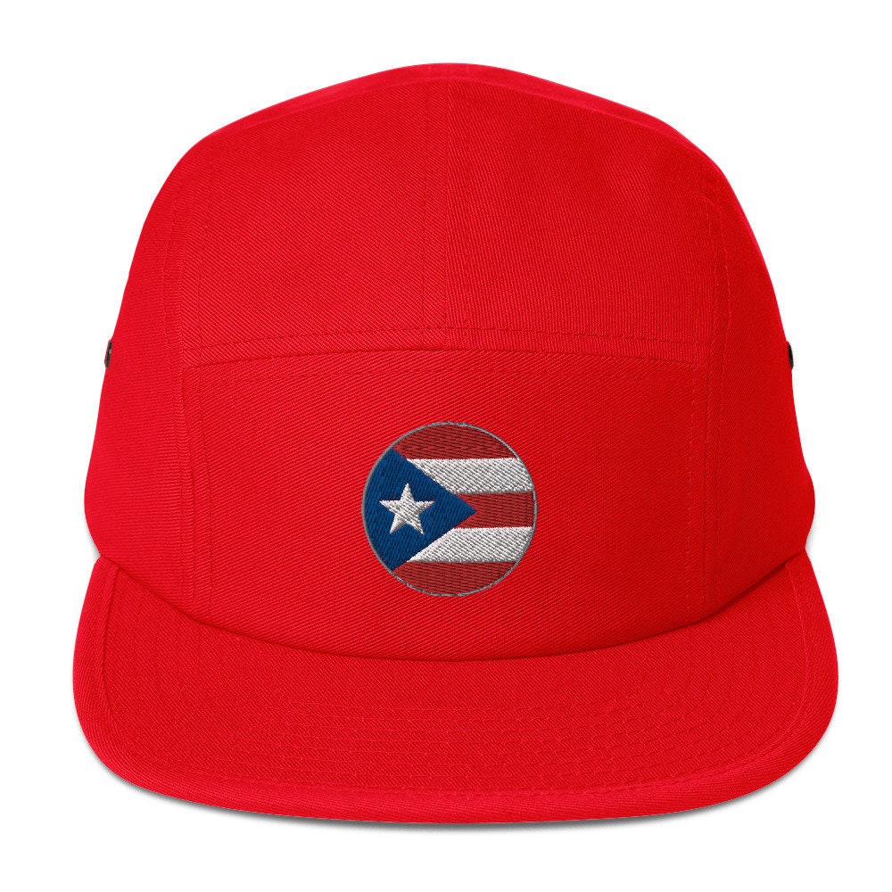 Five Panel Cap with Embroidered Puerto Rico Emblem showing the boricuas love - circular style icon shown with white text on the back