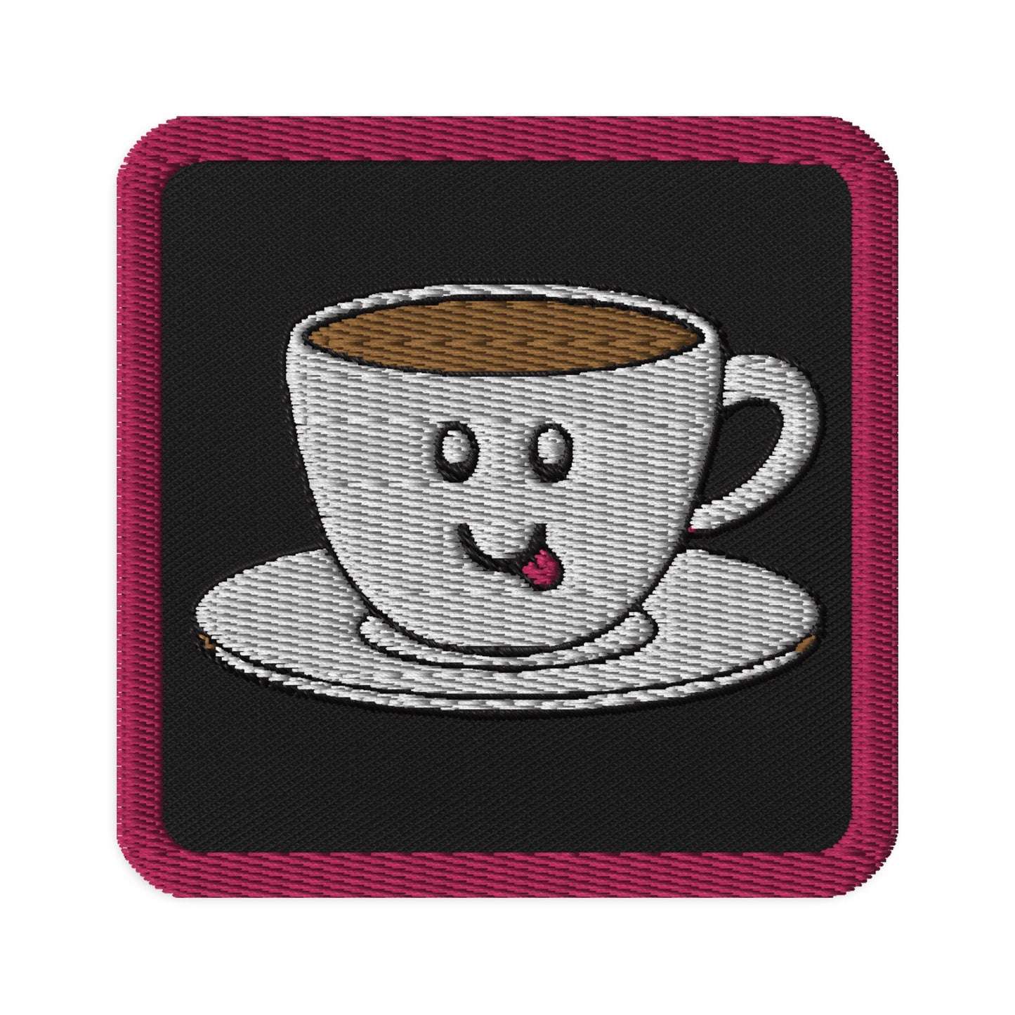 Embroidered patch of a cheeky Coffee Cup sticking its tongue out at you - happy and caffeinated tea cup ready to attack the day