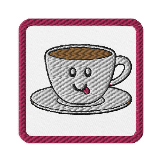 Embroidered patch of a cheeky Coffee Cup sticking its tongue out at you - happy and caffeinated tea cup ready to attack the day