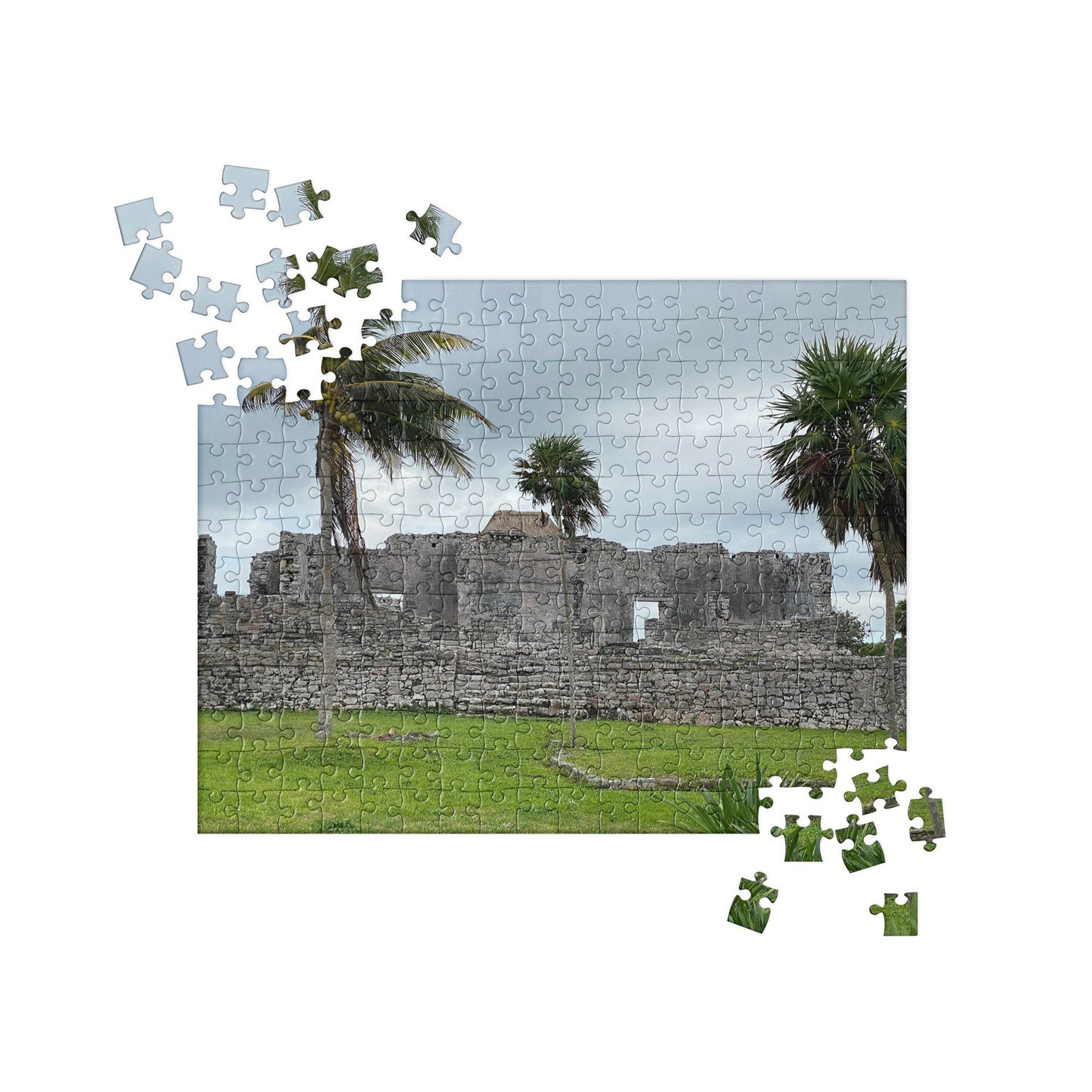 Jigsaw puzzle of Island Temple on a rainy day in a secluded location. Features an ancient stone wall that has been deteriorated