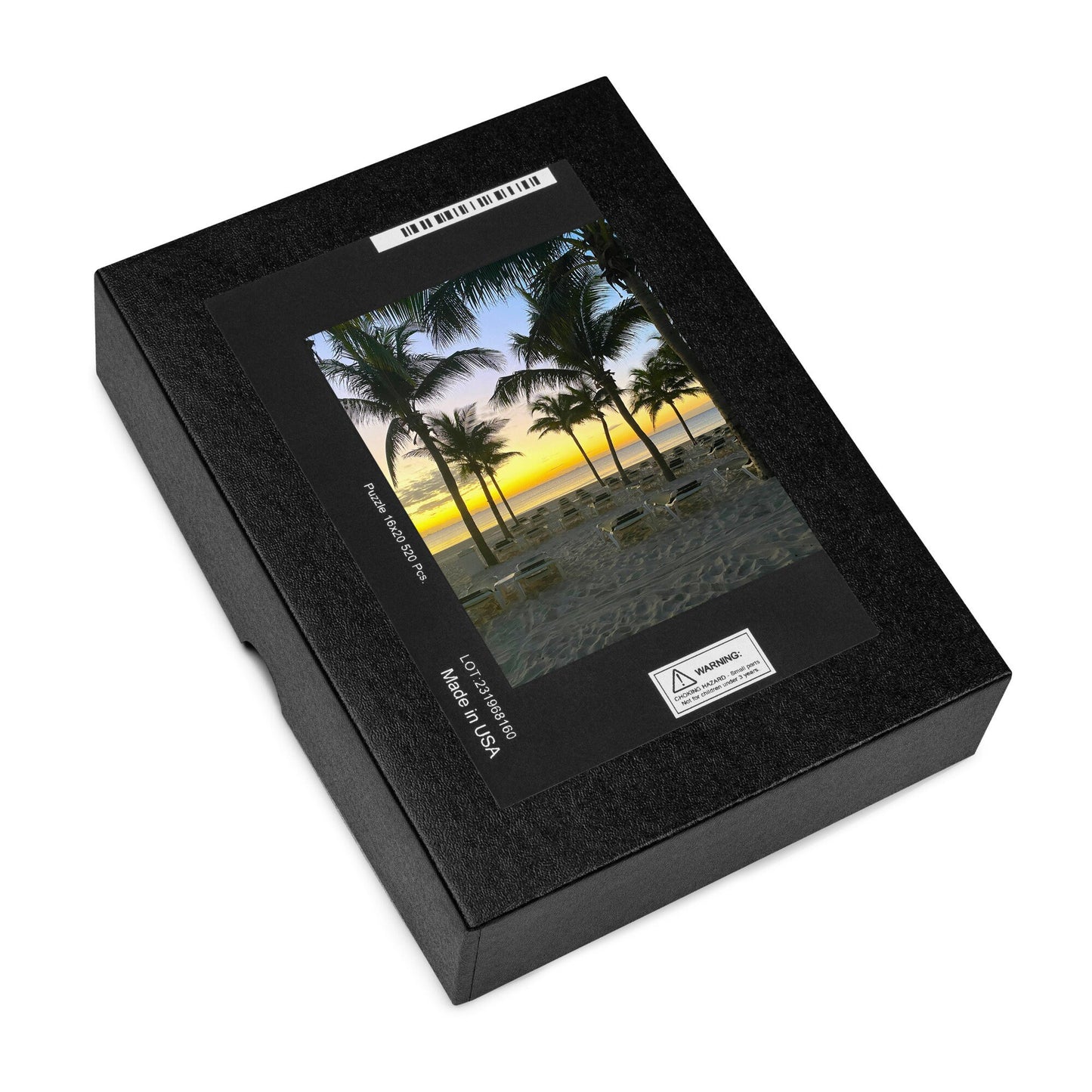 Jigsaw puzzle of the Beach in the sunset on a secluded tropical location - a set of palm trees  with chairs along a stretch of Sandy beaches