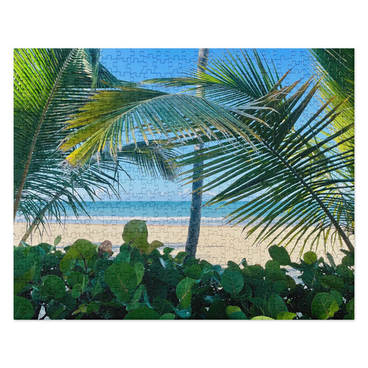 Jigsaw puzzle of Scenic Sandy Beach seen through the Palm Trees of a local shoreline restaurant - available in 2 sizes