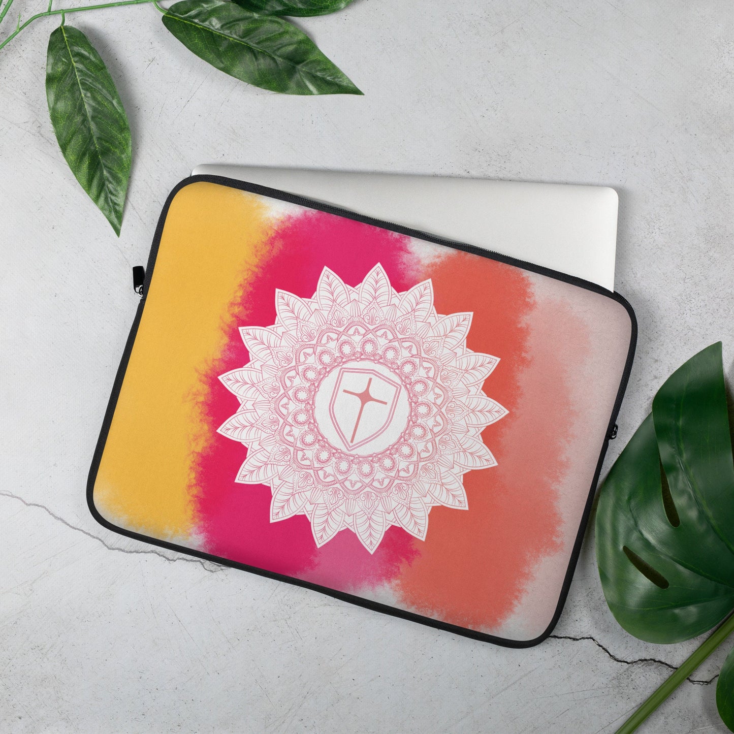 Laptop Sleeve for your Mac - featuring a white Mandala on an autumn colored background - watercolor style