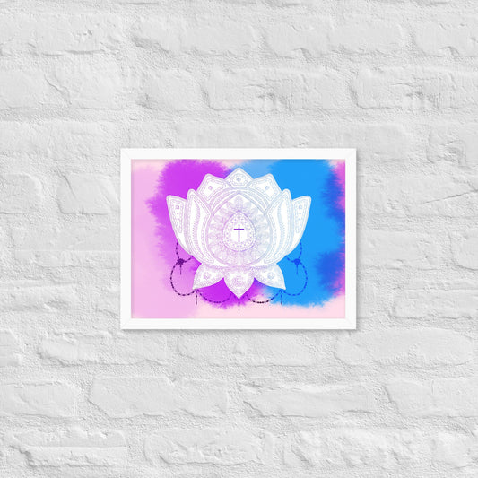 Framed matte paper poster with white lotus - features bright watercolor background with illustrated patterns within the art