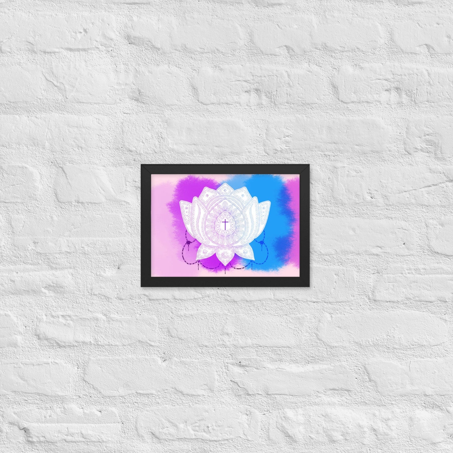 Framed matte paper poster with white lotus - features bright watercolor background with illustrated patterns within the art