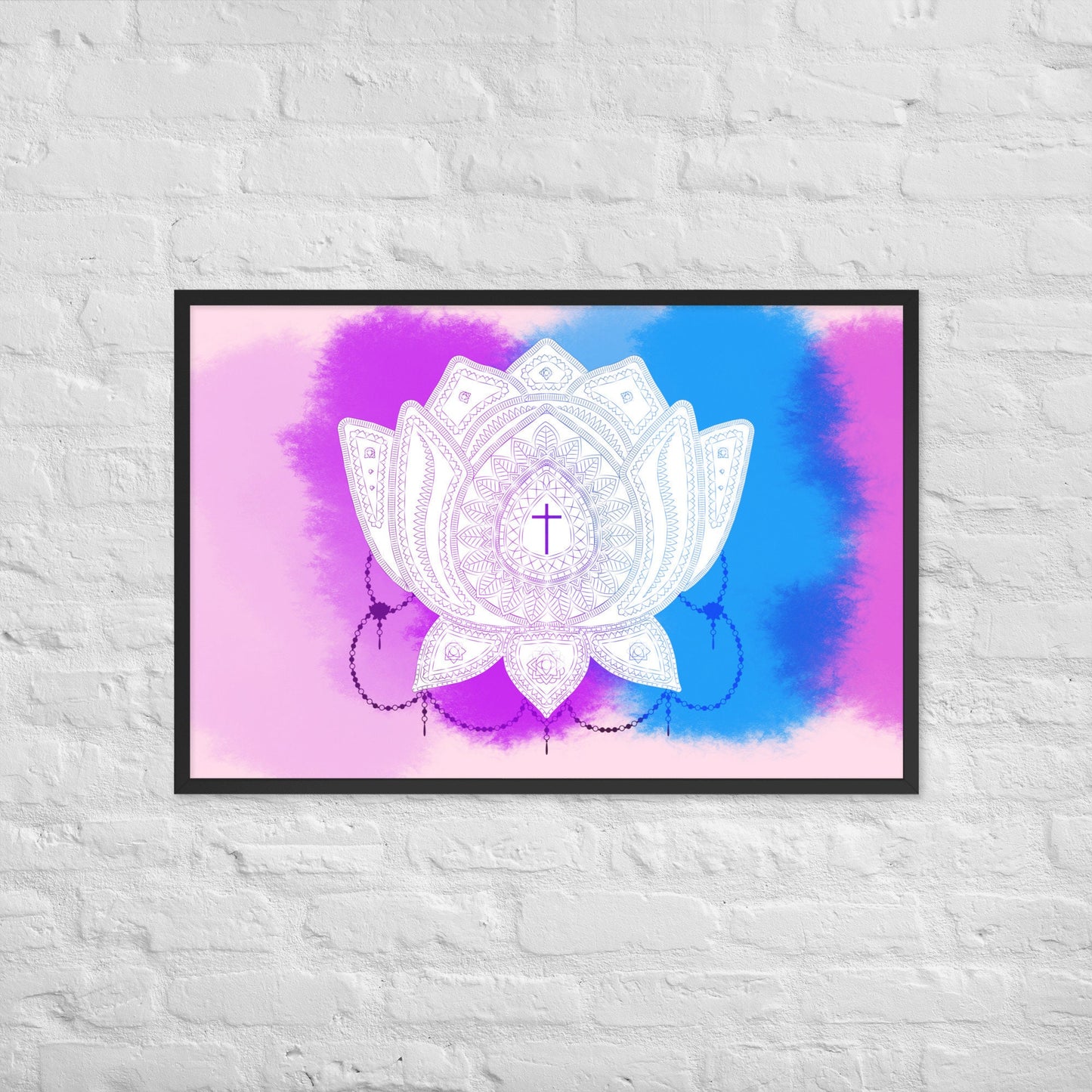 Framed matte paper poster with white lotus - features bright watercolor background with illustrated patterns within the art