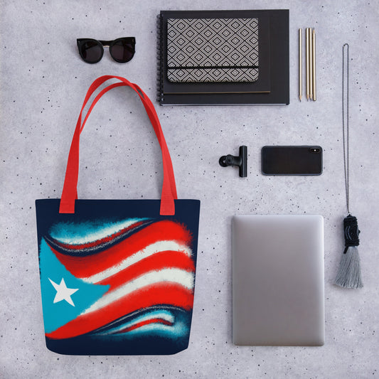 Double sided Dark Blue Tote bag of Polyester  with a different styled Puerto Rican Flag on each side - Red Handles of Cotton Bull Denim
