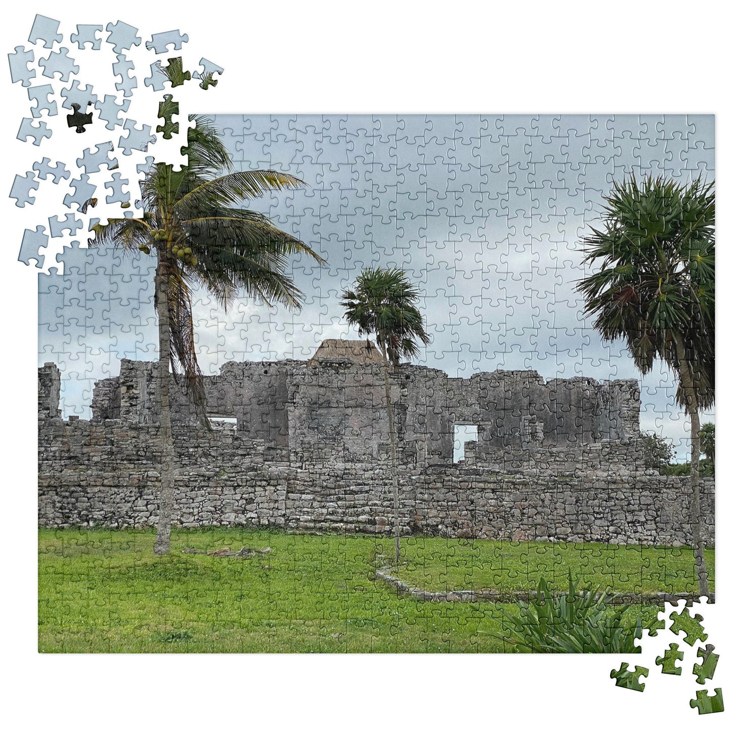 Jigsaw puzzle of Island Temple on a rainy day in a secluded location. Features an ancient stone wall that has been deteriorated