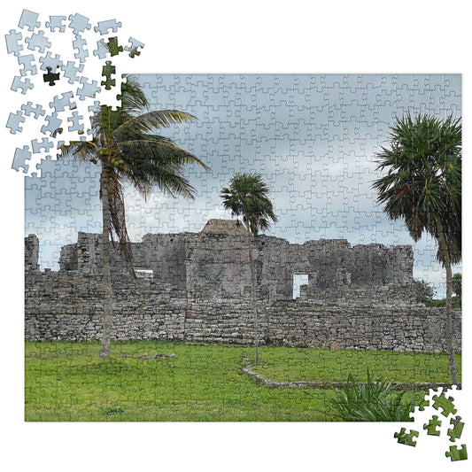 Jigsaw puzzle of Island Temple on a rainy day in a secluded location. Features an ancient stone wall that has been deteriorated