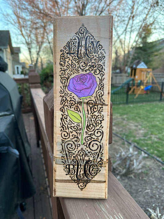 Pyrography of a Purple Rose on Upcycled Wood - Rough and Rugged Wall Hanging - Metallic Water Color on Ambrosia wood with a glossy coat