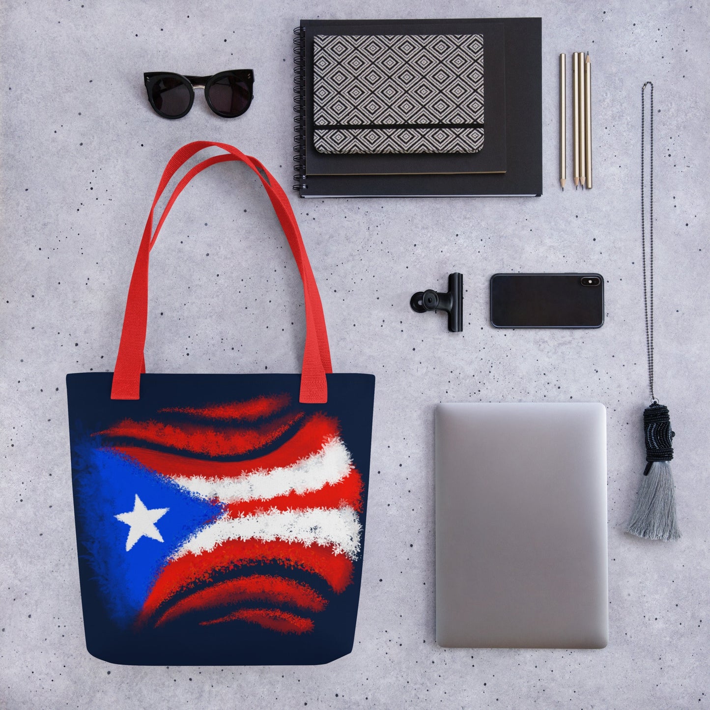Double sided Dark Blue Tote bag of Polyester  with a different styled Puerto Rican Flag on each side - Red Handles of Cotton Bull Denim