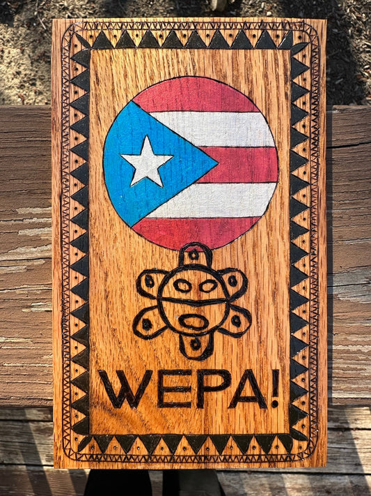 Wood Burned Puerto Rican Rounded Flag & Icon with Tribal iconography and Cultural Border - Metallic Acrylic Paint  for flag colors - WEPA