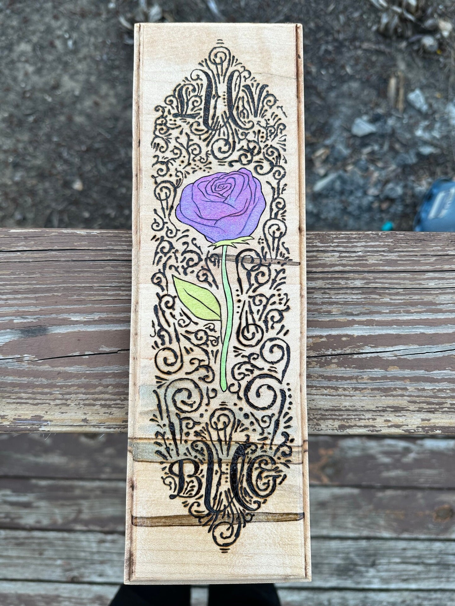Pyrography of a Purple Rose on Upcycled Wood - Rough and Rugged Wall Hanging - Metallic Water Color on Ambrosia wood with a glossy coat