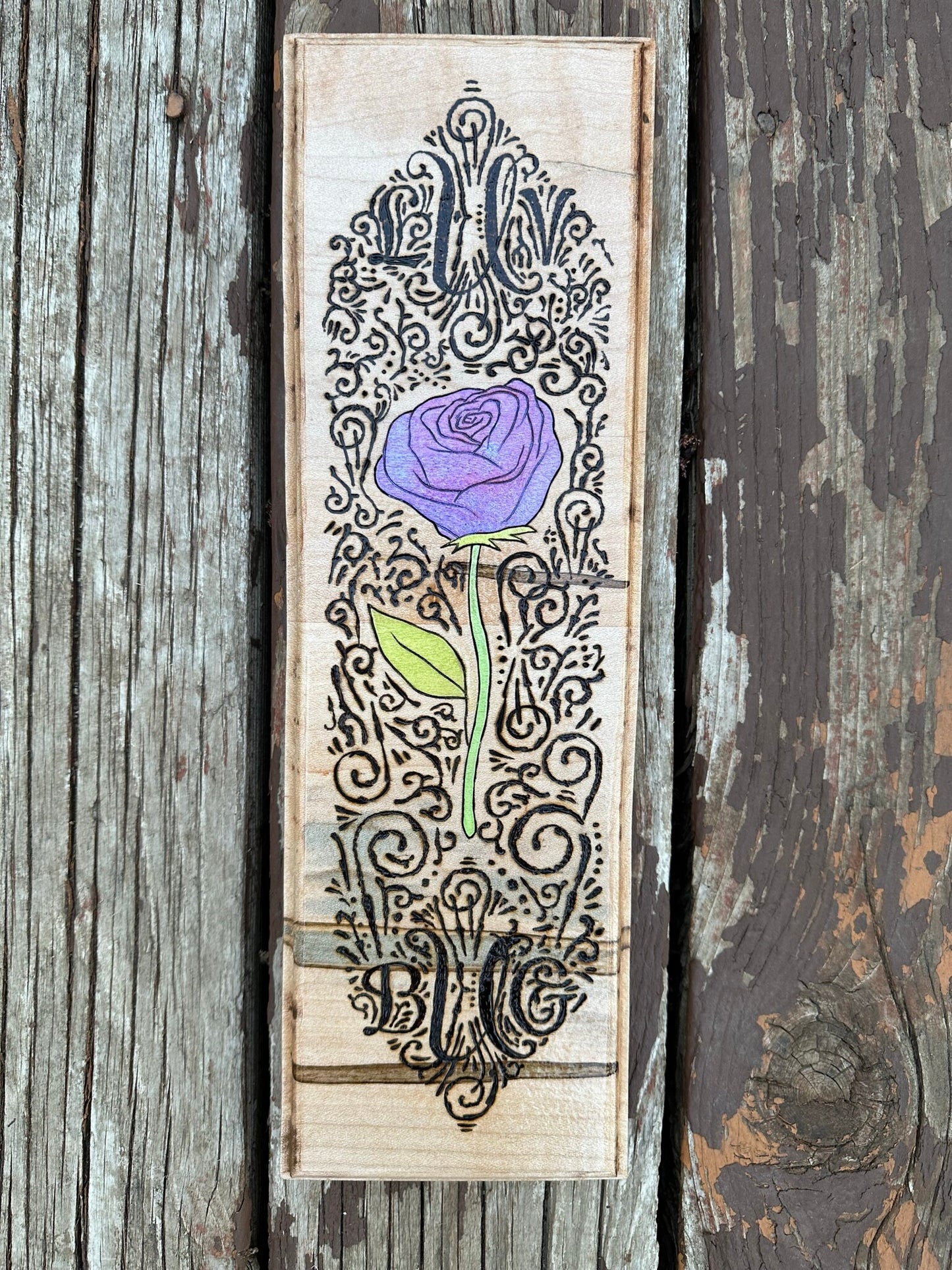 Pyrography of a Purple Rose on Upcycled Wood - Rough and Rugged Wall Hanging - Metallic Water Color on Ambrosia wood with a glossy coat