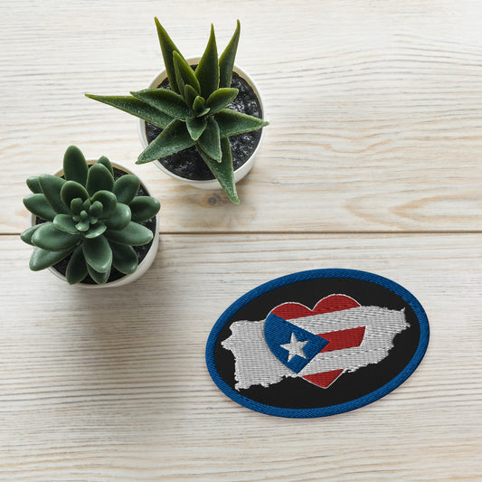 Blue Oval Embroidered Patch of Puerto Rican flag in Heart on top of a white silhouette of the island of Puerto Rico - sewing material