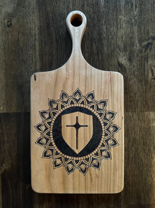 Cutting Board of Wood Burned Mandala with Cross in the center - Pyrographic concentric pattern on Cherry wood slab for charcuterie serving