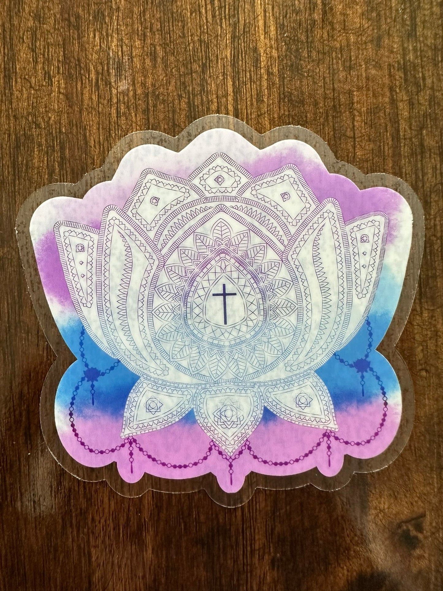 Lotus Sticker - clear sticker with intricate designs on the pedals as well as the leaves - Pink and Purple coloration cloudy artistic haze