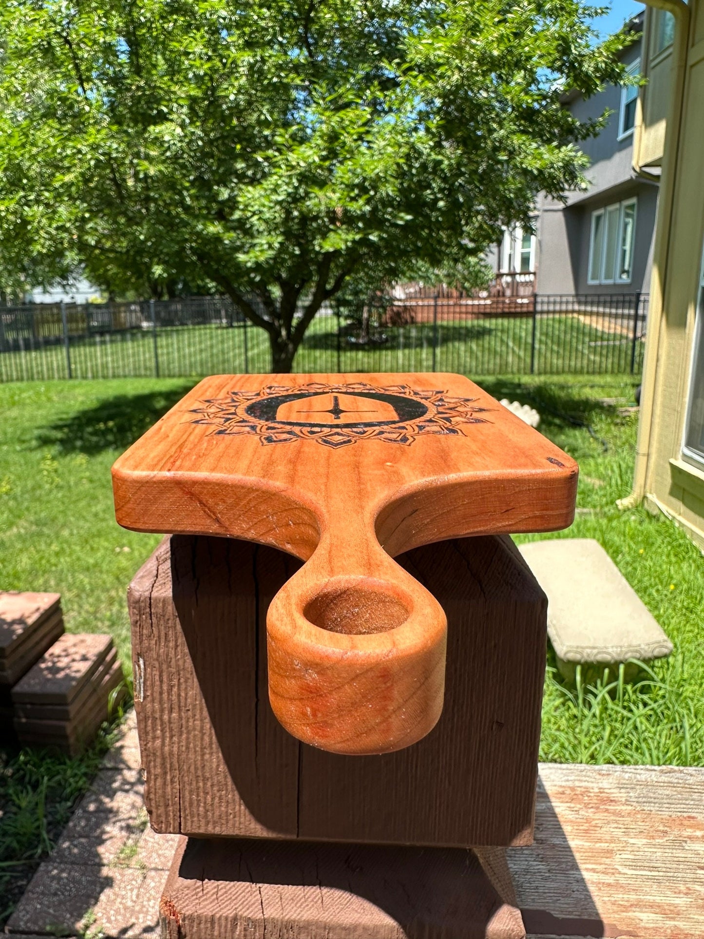Cutting Board of Wood Burned Mandala with Cross in the center - Pyrographic concentric pattern on Cherry wood slab for charcuterie serving